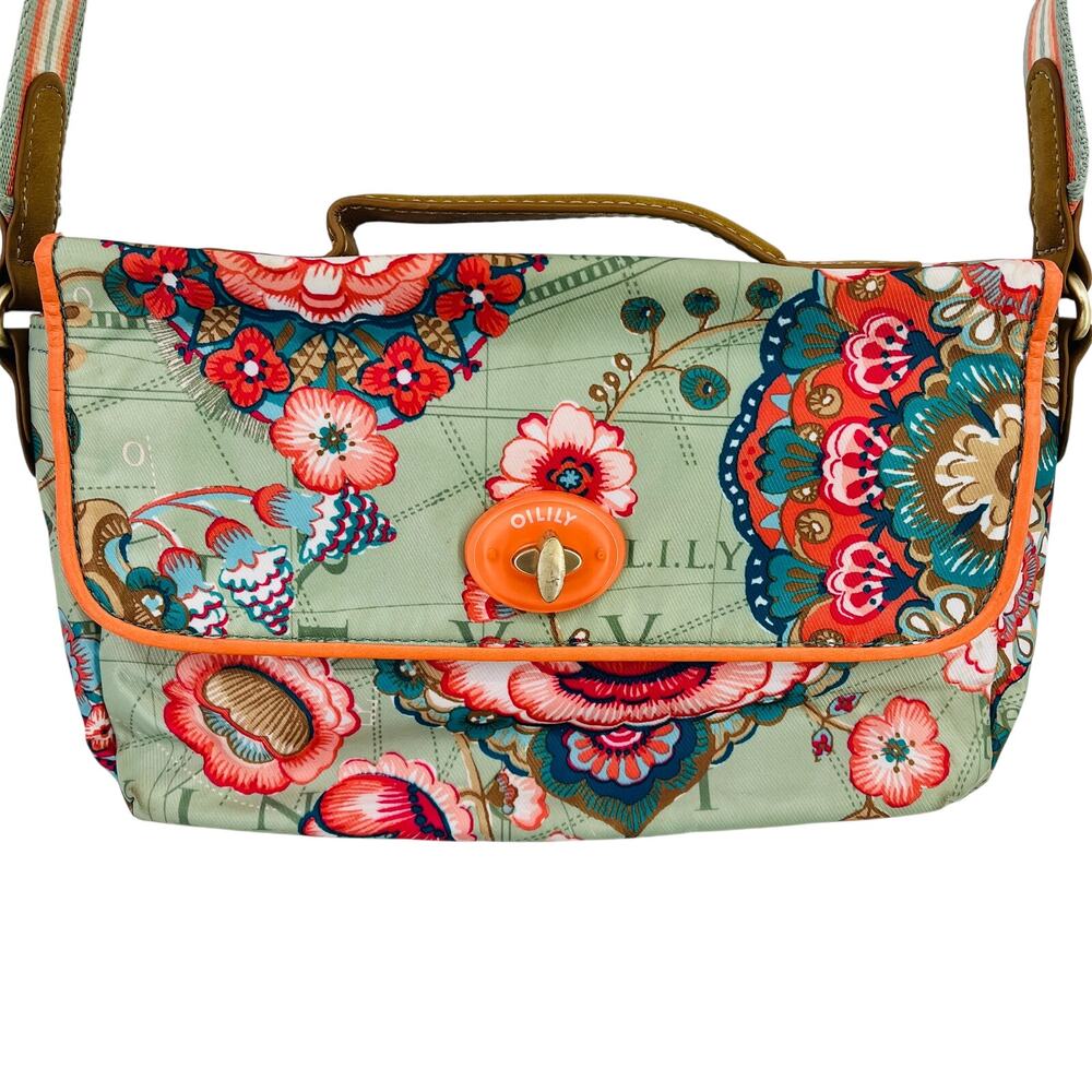 Oilily Floral Crossbody Bag Green Orange Twist Lock Adjustable Strap Purse